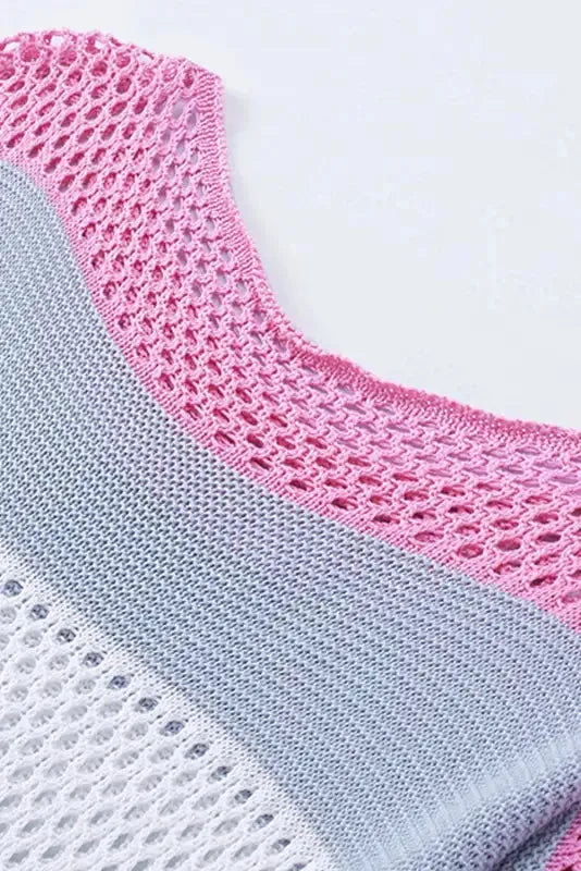 Eyelet Knit Striped Half Sleeves Top - Fashionfitz