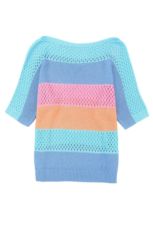 Eyelet knit striped half sleeves top - short sleeve sweaters