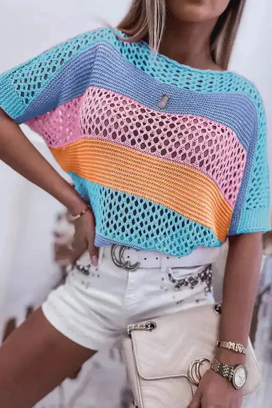 Eyelet Knit Striped Half Sleeves Top - Fashionfitz
