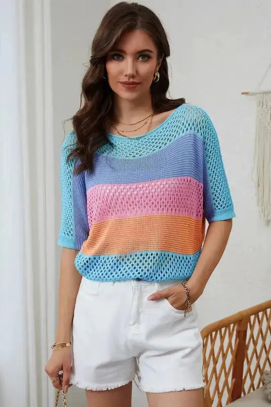 Eyelet Knit Striped Half Sleeves Top - Fashionfitz