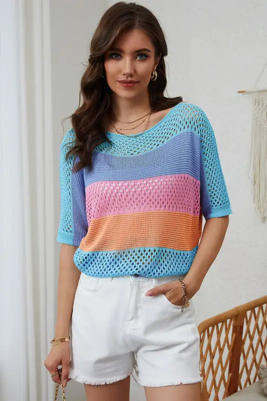 Eyelet knit striped half sleeves top - short sleeve sweaters