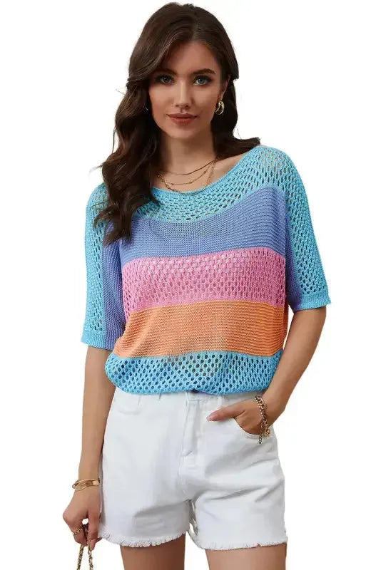 Eyelet Knit Striped Half Sleeves Top - Fashionfitz