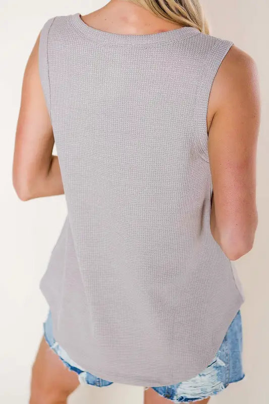 Gray notched neck eyelet thermal knit tank - tops