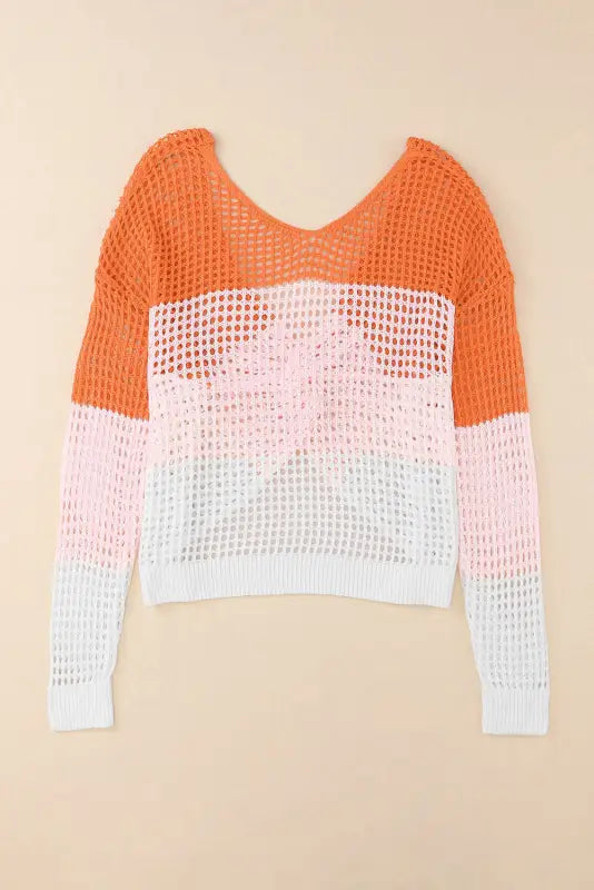 Pink color block eyelet long sleeve twisted back knit top - sweater & cardigans