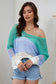 Pink color block eyelet long sleeve twisted back knit top - green / s / 100% acrylic - sweater & cardigans