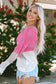 Pink color block eyelet long sleeve twisted back knit top - sweater & cardigans