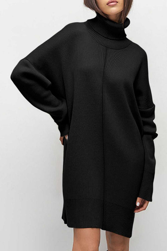 Black Oversized Turtleneck Jumper Dress worn by a person on a white background