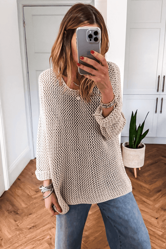 Smoke Gray Jumper - Crochet Summer features a breathable open-knit design, perfect for casual warm-weather wear. Styled with rolled sleeves and relaxed fit.