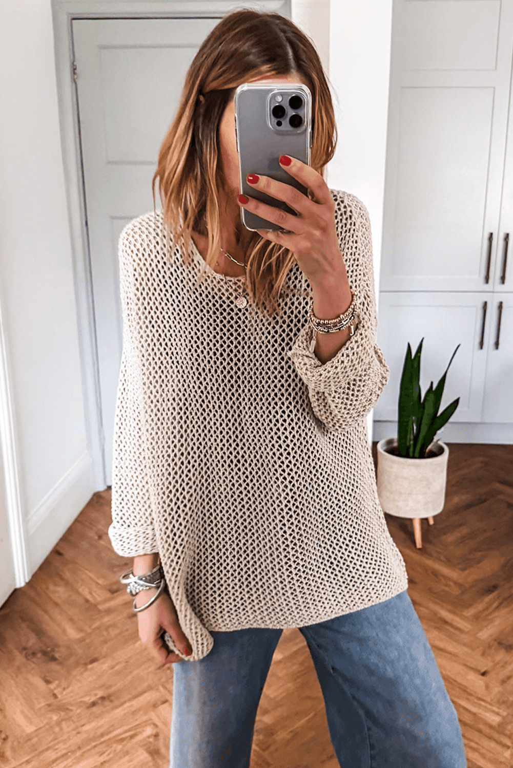 Smoke Gray Jumper - Crochet Summer features a breathable open-knit design, perfect for casual warm-weather wear. Styled with rolled sleeves and relaxed fit.