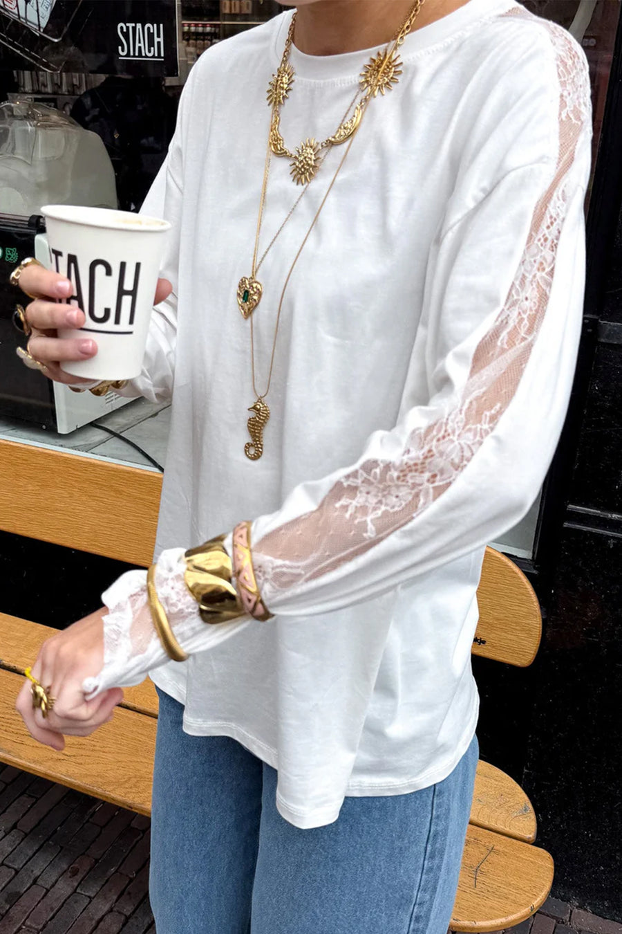 White Sheer Lace Splicing Shift Top Women UK — full length view showing elegant lace top styled with tailored bottoms — Fashionfitz