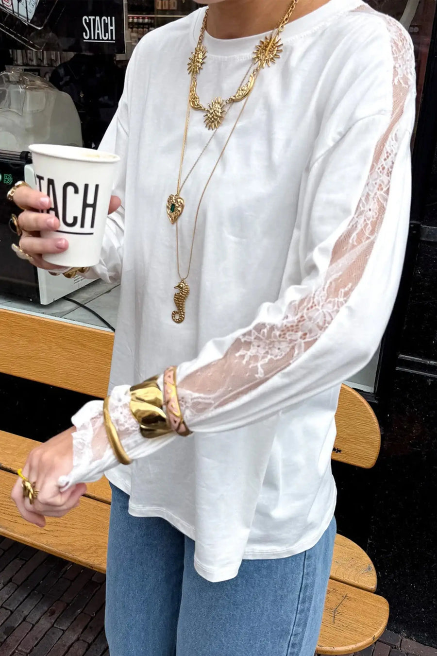 Sheer Lace Splicing Long Sleeve Shift Top Women UK — styled outfit look | Fashionfitz UK