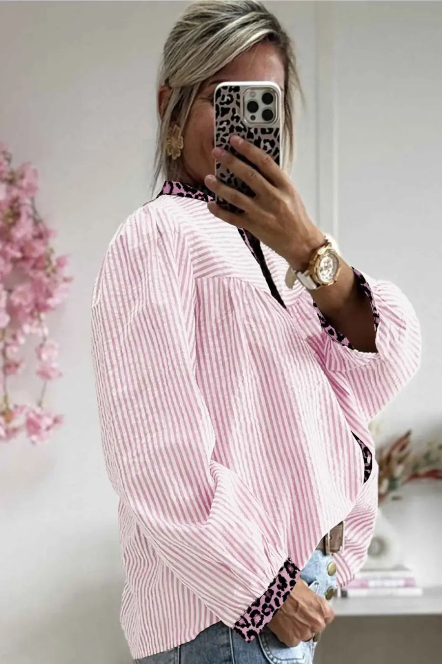 Side view of Leopard Pinstripe Contrast Patchwork Shirt showing long sleeve silhouette and leopard collar accent — Fashionfitz