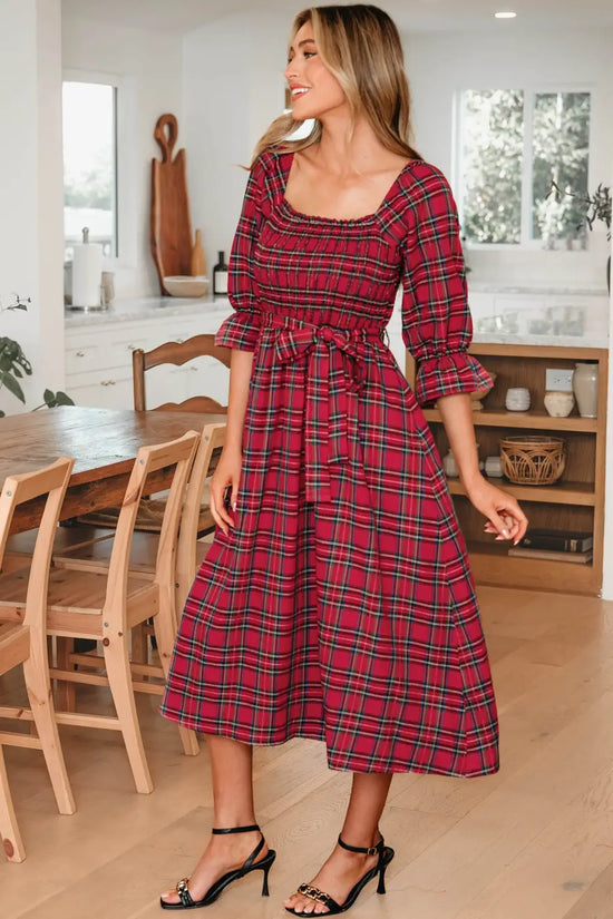 Red green tartan plaid flared midi dress dresses