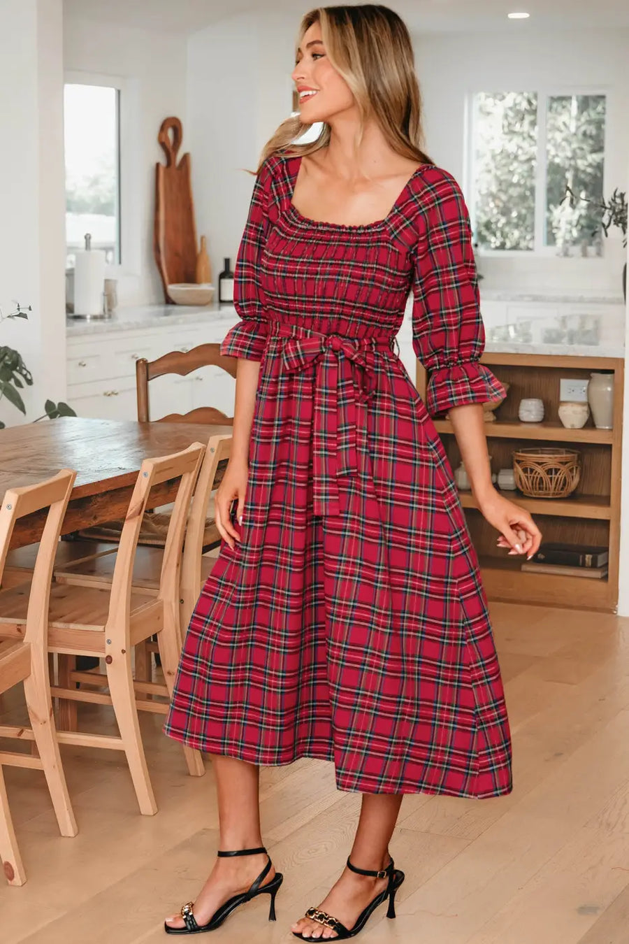 Red green tartan plaid flared midi dress dresses