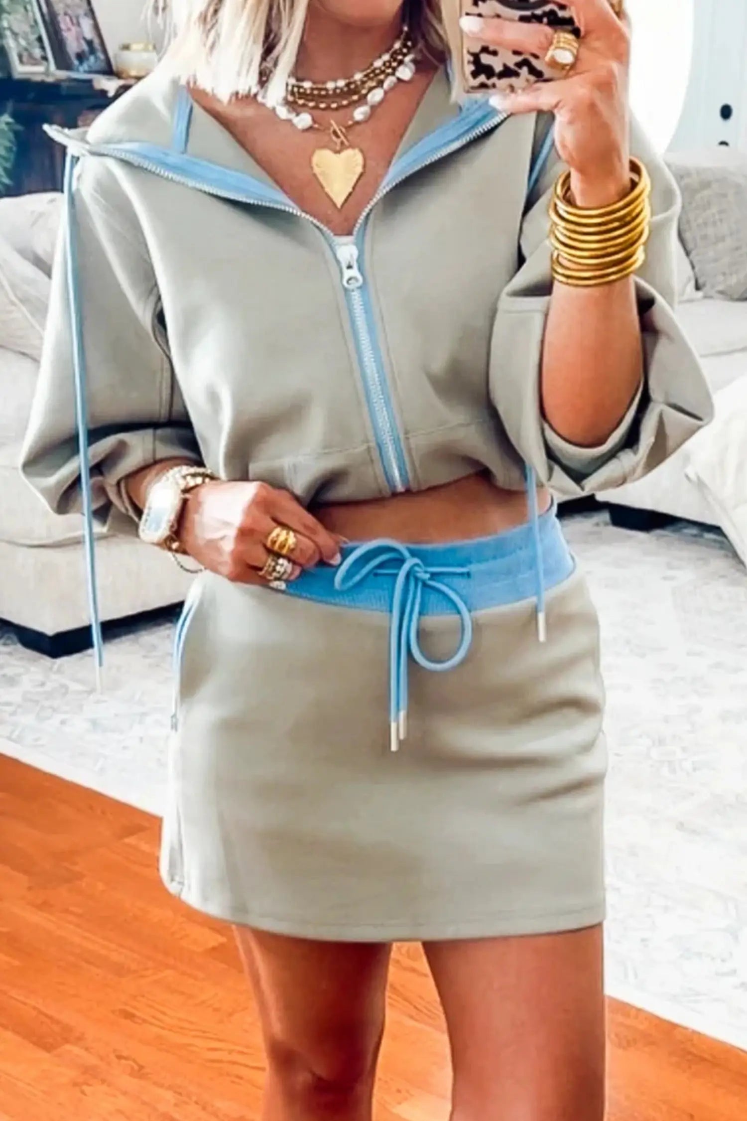 Fashionfitz smoke green sporty zip jacket and skort set UK S-XL, contrast trim, cotton-poly-elastane blend, back view