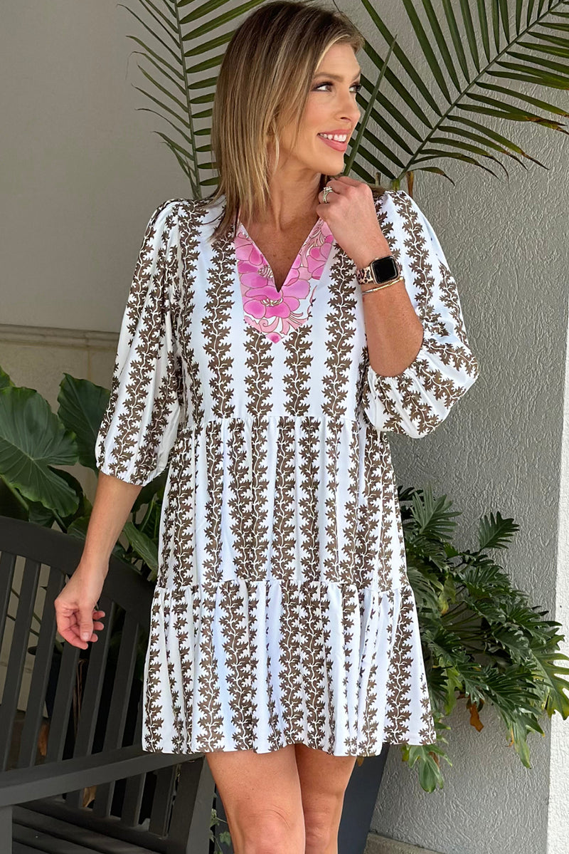 Black Contrast Floral V Neck Bracelet Sleeve Mini Dress Women UK
