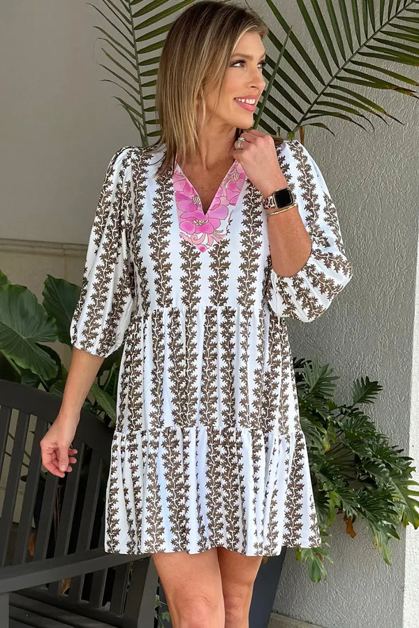 Black Contrast Floral V Neck Bracelet Sleeve Mini Dress Women UK
