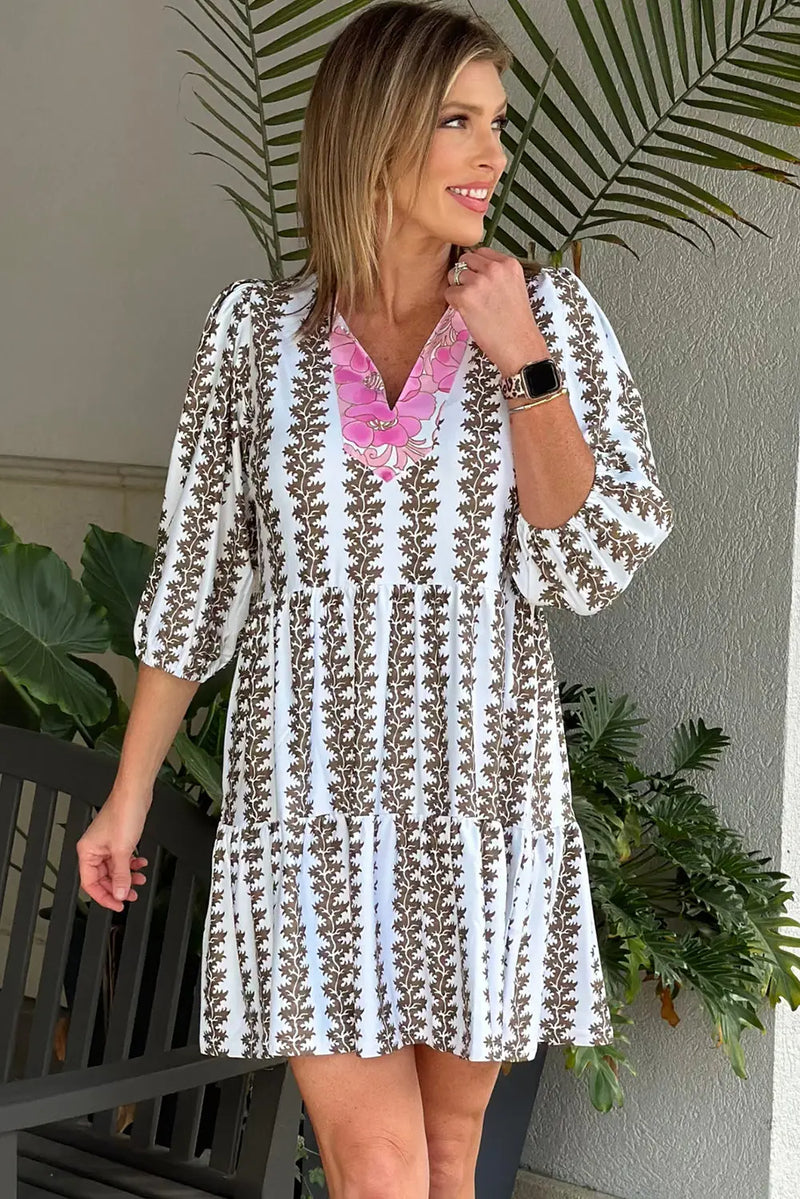 Black Contrast Floral V Neck Bracelet Sleeve Mini Dress Women UK