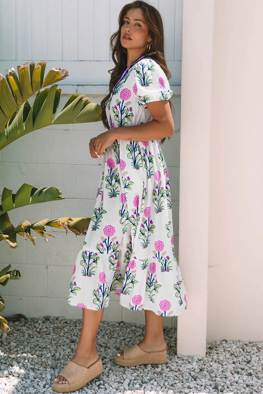 Sky Blue Floral Puff Sleeve V Neck High Waist Maxi Dress Women UK — model shot
