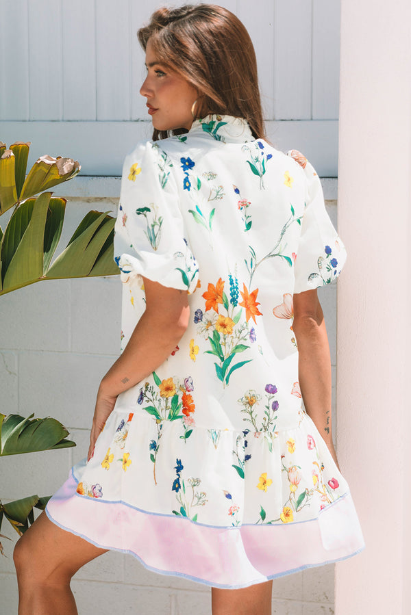 White Floral Contrast Striped Patchwork Puff Sleeve Dress Women UK