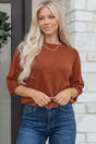 Ribbed knit round neck short sleeve sweater front view — Fashionfitz UK