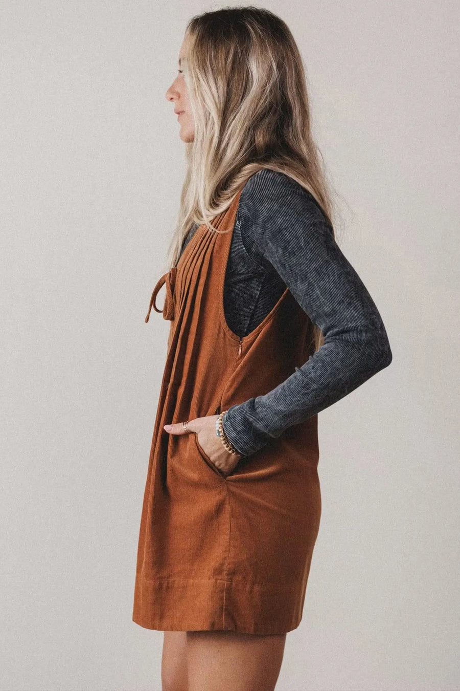 Cinnamon Corduroy Sleeveless Romper Tie V-Neck — fabric texture detail | Fashionfitz UK