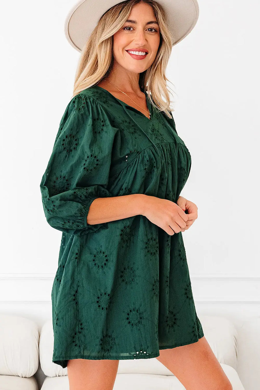 Blackish Green Embroidered Eyelet 3/4 Puff Sleeve Swing Mini Dress Women UK