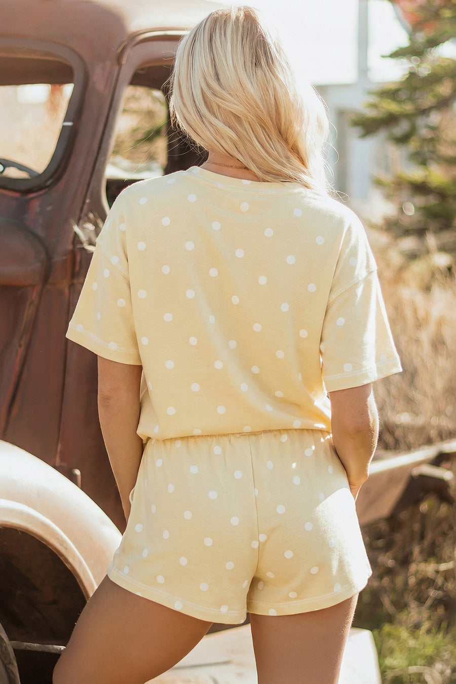 Polka Dot Exposed Seam Loose Tee Drawstring Shorts Two-Piece Set