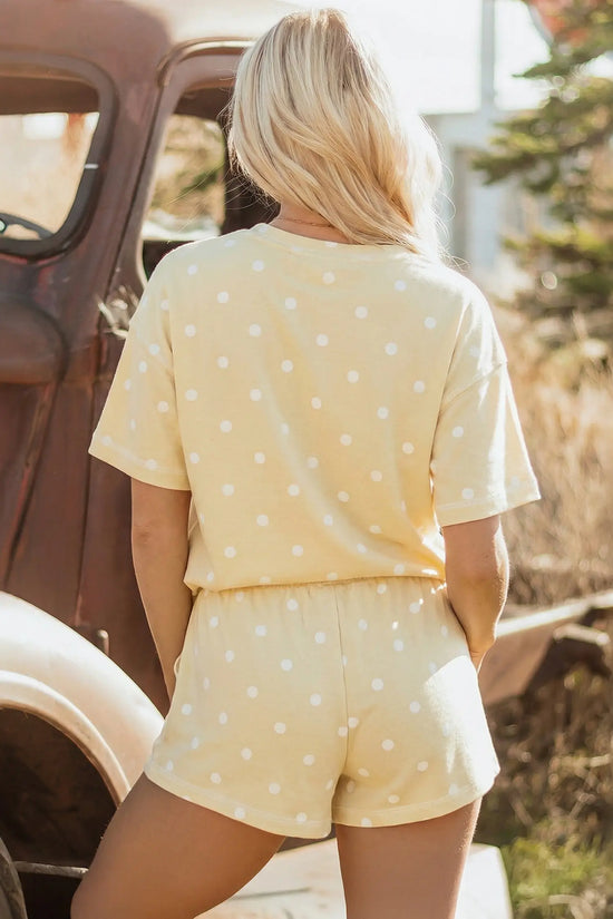 Polka Dot Exposed Seam Loose Tee Drawstring Shorts Two-Piece Set