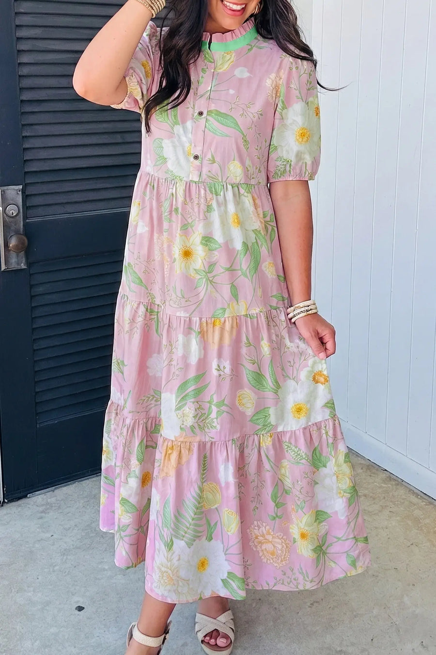Pink Floral Puff Sleeve High Waist Tiered Maxi Dress Women UK