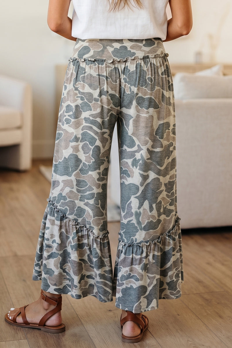 Camo Print Elastic Waist Wide Leg Casual Pants Women UK