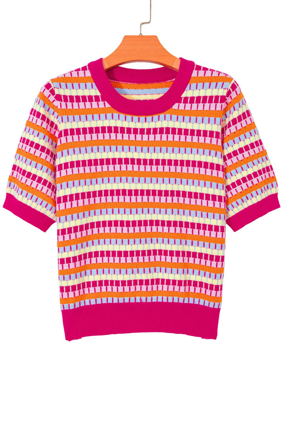 Abstract striped knit short sleeve sweater sweaters