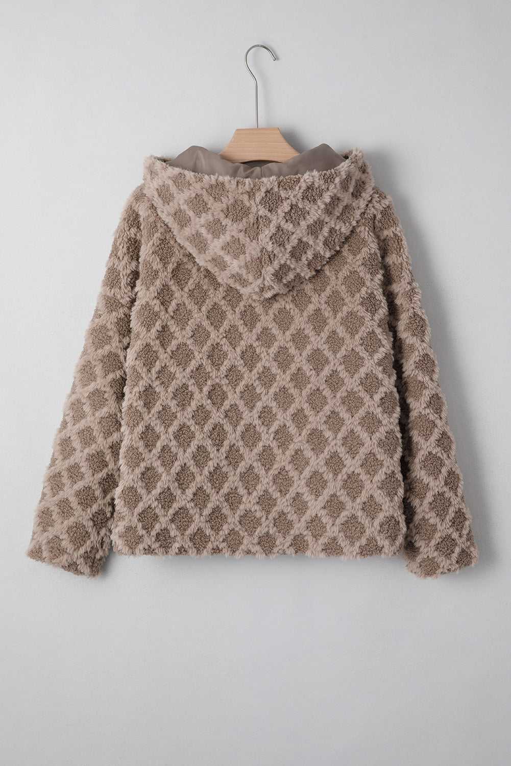 Back view of Camel Sherpa Fleece Jacket displaying diamond quilted sherpa pattern and hood, designed for warmth and comfort in winter.