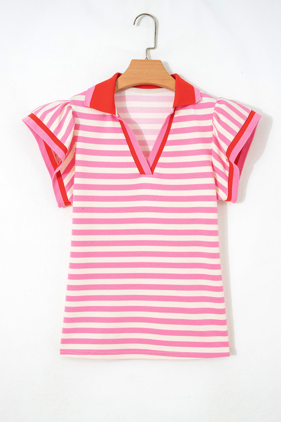 Stripe Contrast Trim Polo Collar Ruffled Short Sleeve Blouse — second colourway | Fashionfitz UK