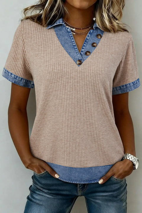 Beige ribbed knit denim patchwork blouse — front view, V-neck and button detail | Fashionfitz UK