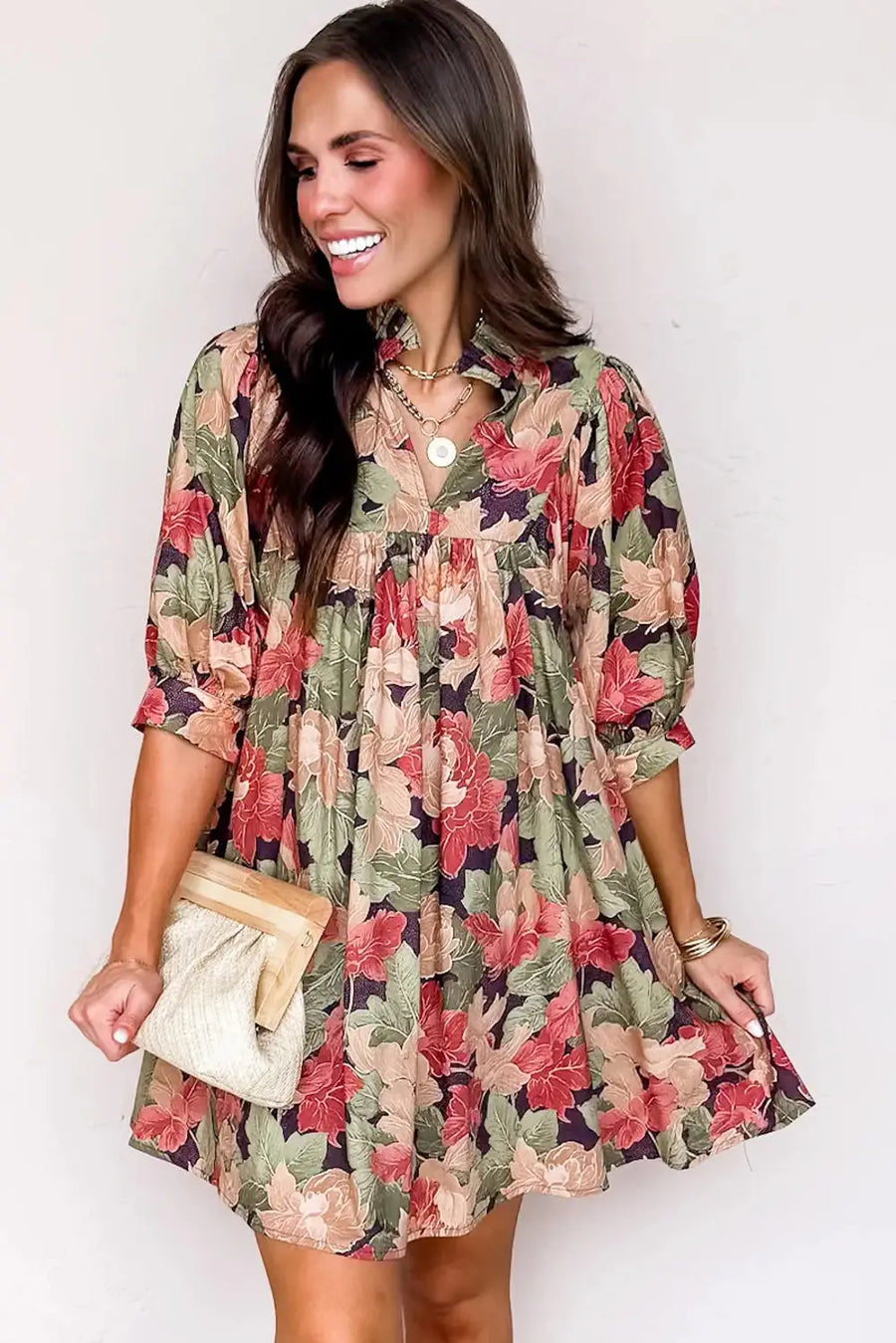 Green Floral Frilled Collar V Neck Half Sleeve Mini Dress Women UK — close-up detail