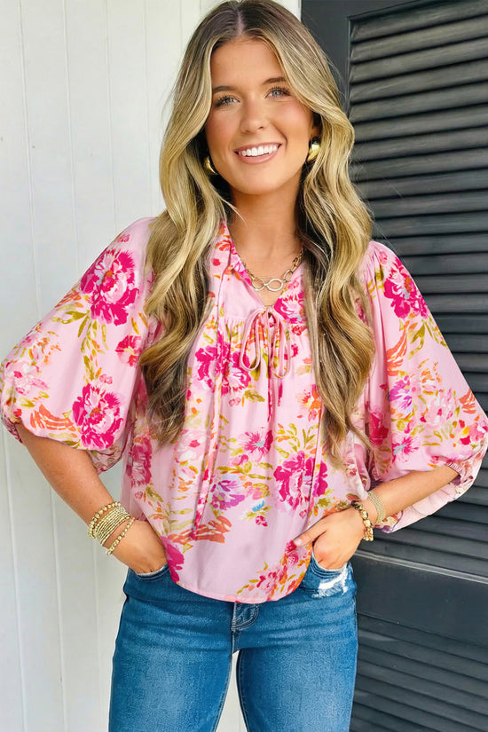Pink Floral Print Blouse Tie V-Neck Puffy Half Sleeve Relaxed Fit