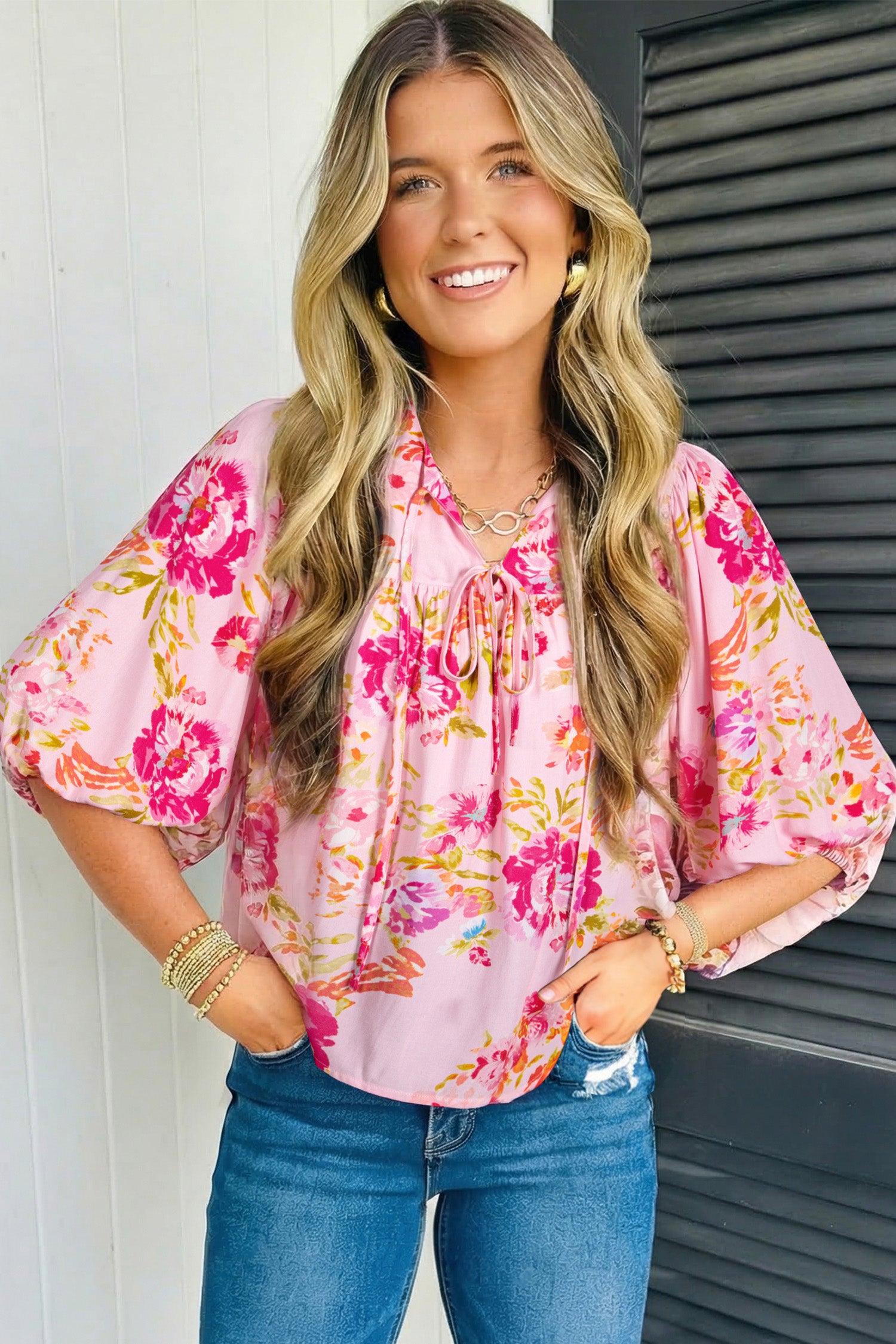 Pink Floral Print Blouse Tie V-Neck Puffy Half Sleeve Relaxed Fit