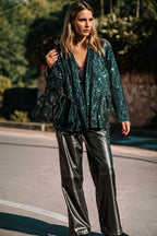 FashionFitz Evergreen Glitter Sequin Blazer for women, paired with black leather trousers and a handbag, ideal for elegant autumn events.