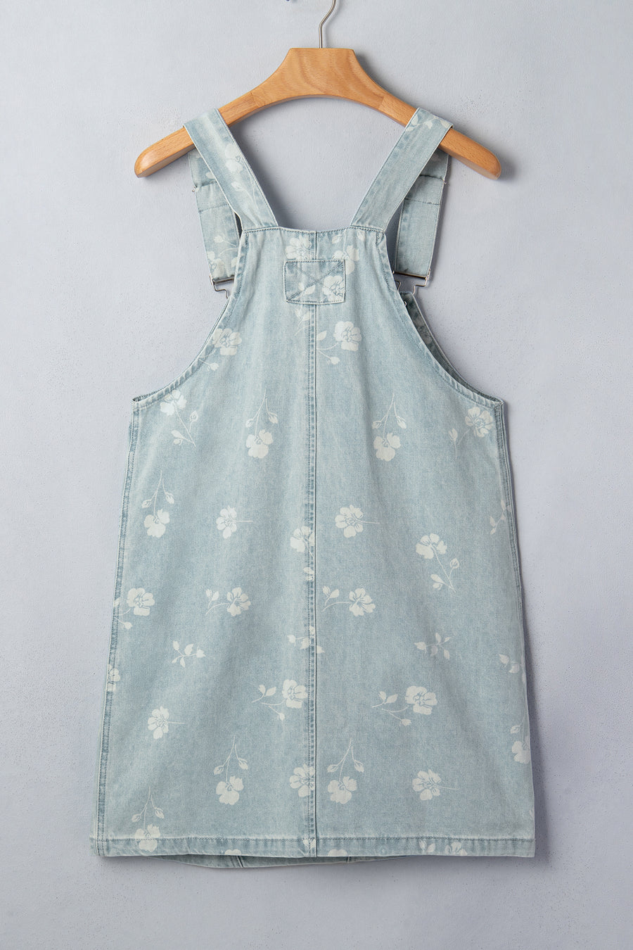 Sky Blue Retro Wash Denim Floral Print Overall Mini Dress Women UK