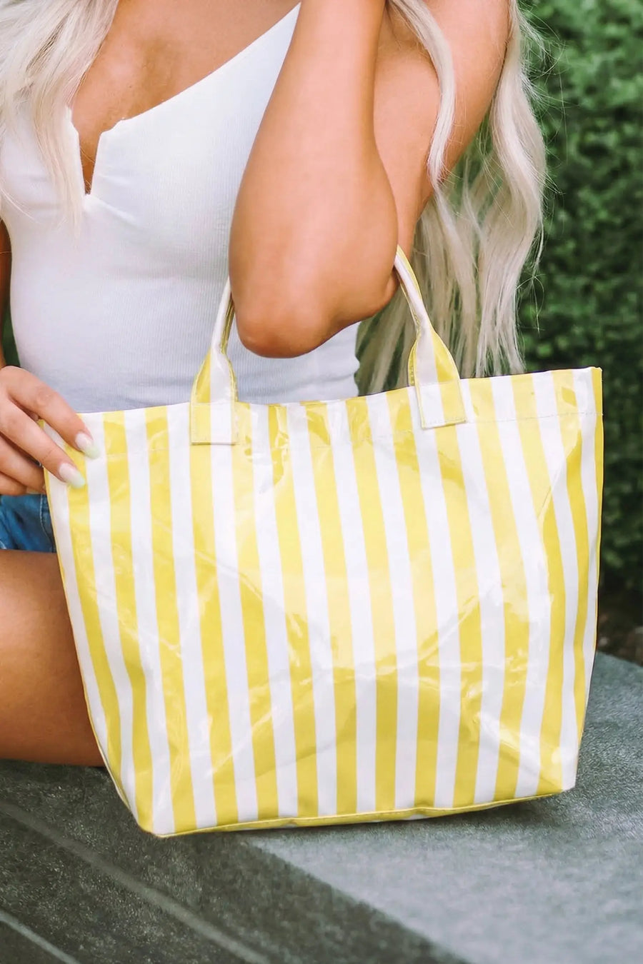 Rainbow glossy striped vinyl large tote bag styled outfit | Fashionfitz UK