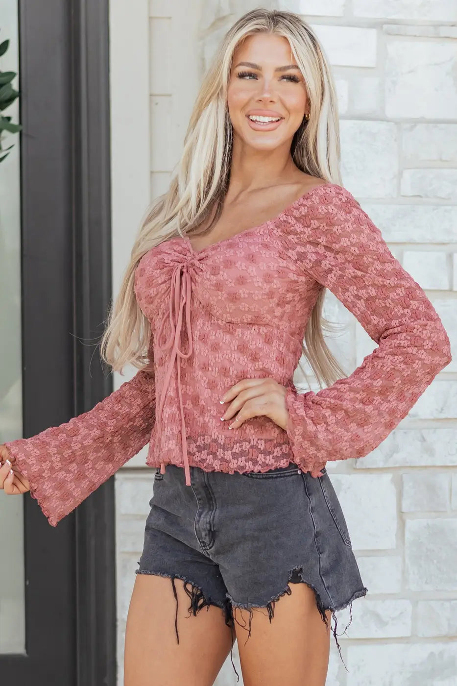 Pink floral lace blouse | bell sleeve square neck top blouses