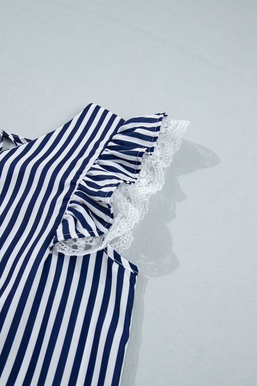 Blue Stripe V Neck Lace Contrast Ruffle Trim Tank Top