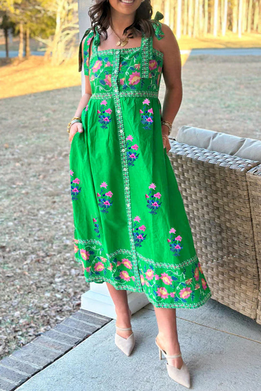 Green Floral Midi Dress - Knotted Straps