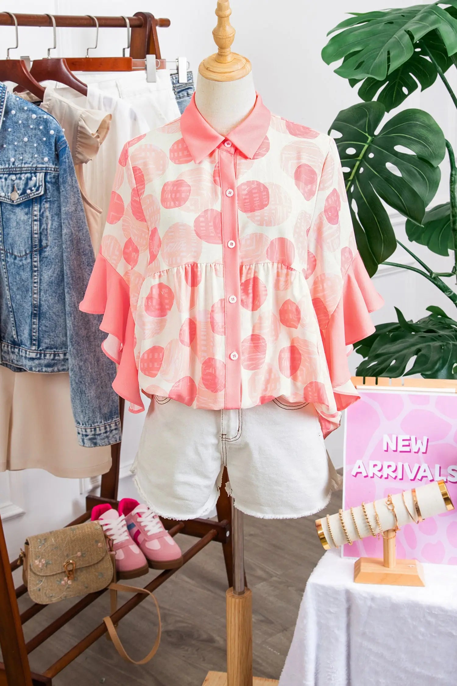 Polka dot ruffle sleeve babydoll shirt button front collar pink shirts
