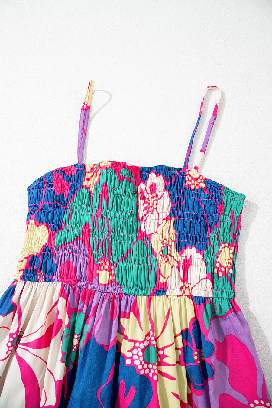 Purple Floral Shirred Spaghetti Strap Loose Maxi Dress Women UK