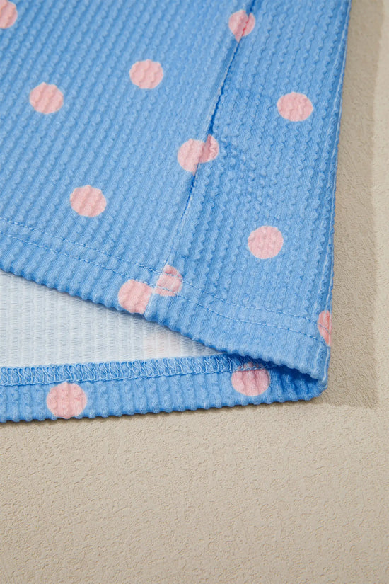 Raised rib polka dot print cuffed short sleeve top t-shirts