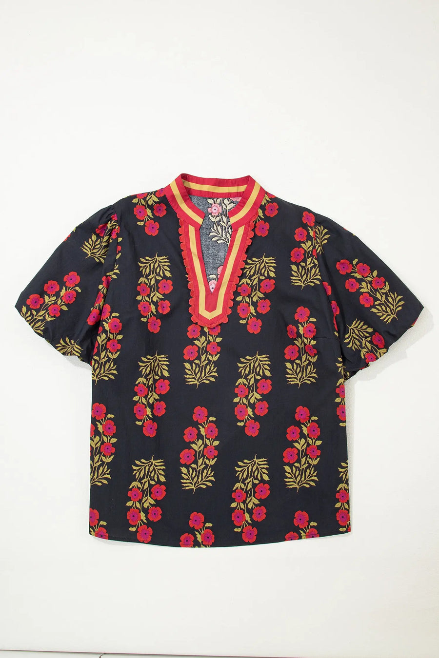 Side view of Plus Size Floral Ricrac Trim Blouse showing colourblock construction and V-neckline — Fashionfitz