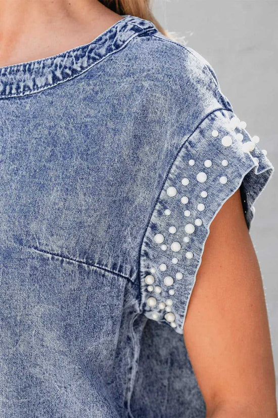 Denim Top - Dusk Blue Acid Wash Pearl Embellishments - Fashionfitz