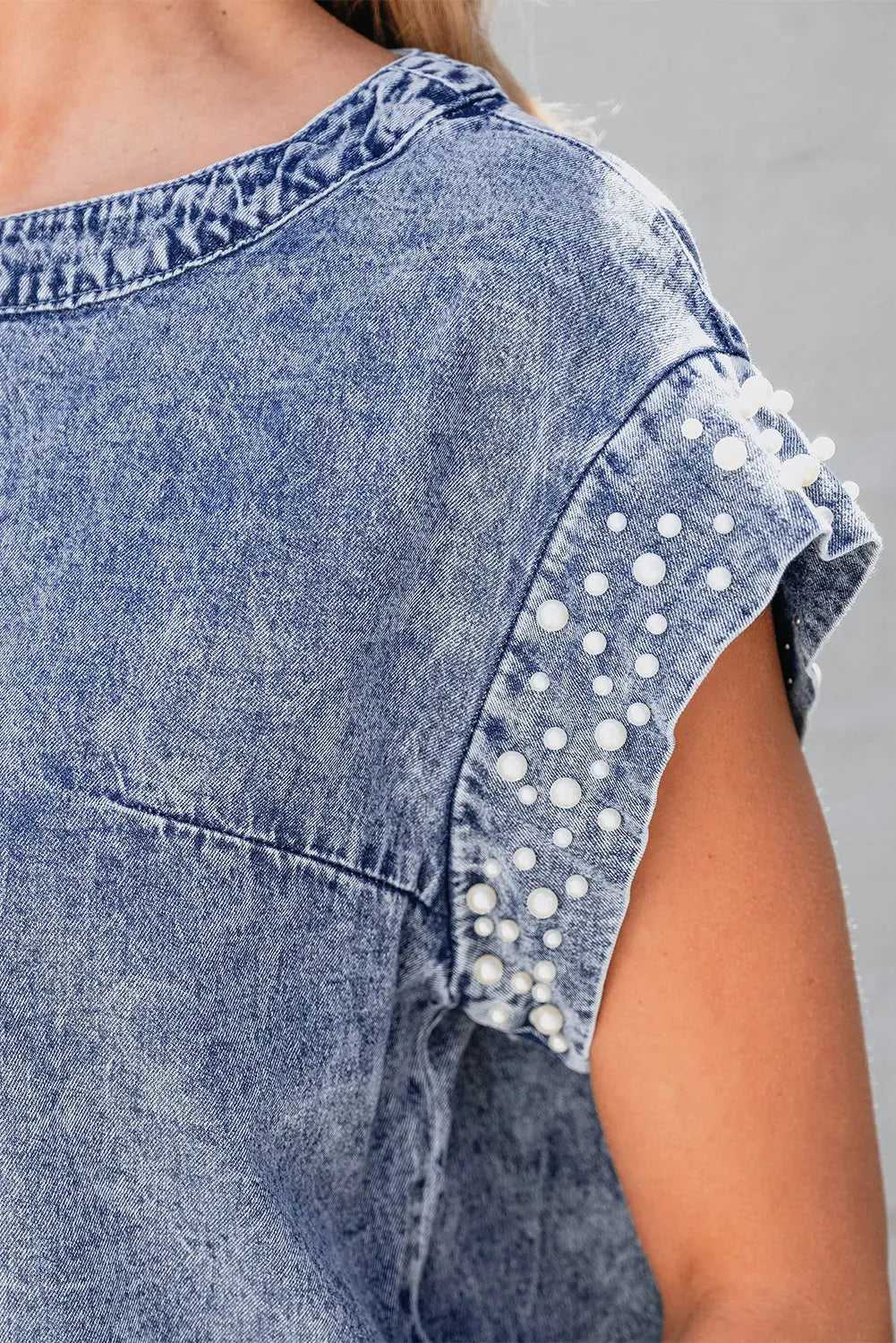 Denim Top - Dusk Blue Acid Wash Pearl Embellishments - Fashionfitz